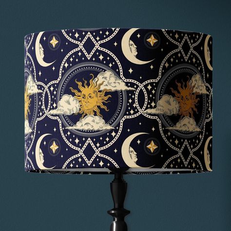 Diameter: 30cm Height: 21cm Type: Table Lamp Shade Bulbs: B22, E14, E27, E26 - adaptor included Made to order, please allow up to two weeks for delivery. Print placement and colours may vary slightly from the sample image.  Fascinated by the night sky and want a little magic in your home? Say no more! This scrumptious Velvet Day and Night Lampshade with intricate sun and moon motives is guaranteed to turn heads. The medallions are inspired by illuminated manuscripts and carry a distinct engravin Whimsigoth Lamp, Witchy Lamp, Witchy Apartment Decor, Witchy Furniture, Celestial Room Aesthetic, Astrology Decor, Celestial Room, Witchy House, Celestial Decor