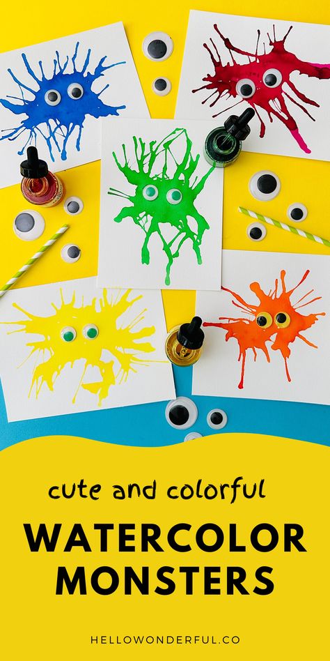 Watercolor Monsters. Halloween Craft art for kids. Monster Process Art Preschool, Monster Blow Painting, Watercolor Monster Art, Monster Preschool Art, Watercolor Halloween Art For Kids, Halloween Art For Preschoolers, Monster Art Preschool, Monster Crafts For Preschoolers, Halloween Art Activities For Toddlers