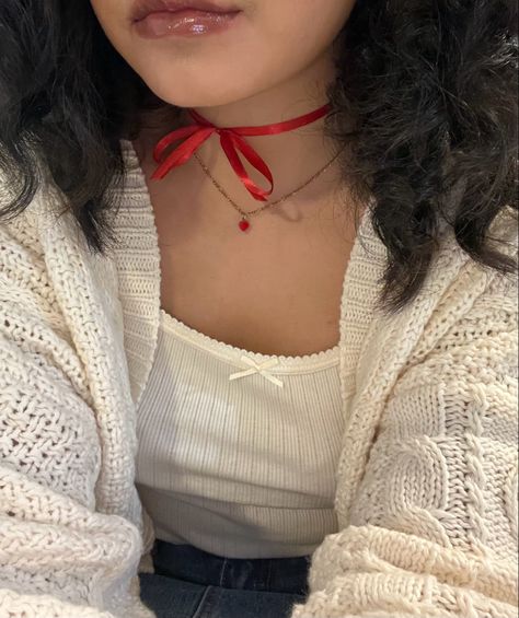 #ribbon #necklace #accessories #trendy #jewelry #bows #brandymelville #coquette #fashion #downtowngirl Red Ribbon Necklace, Red Ribbon Aesthetic, Red Accent Outfit, Bows Aesthetic, Silver Necklace Outfit, Clothing Coquette, Blueberry Girl, Coquette Fashion, Hearts Girl