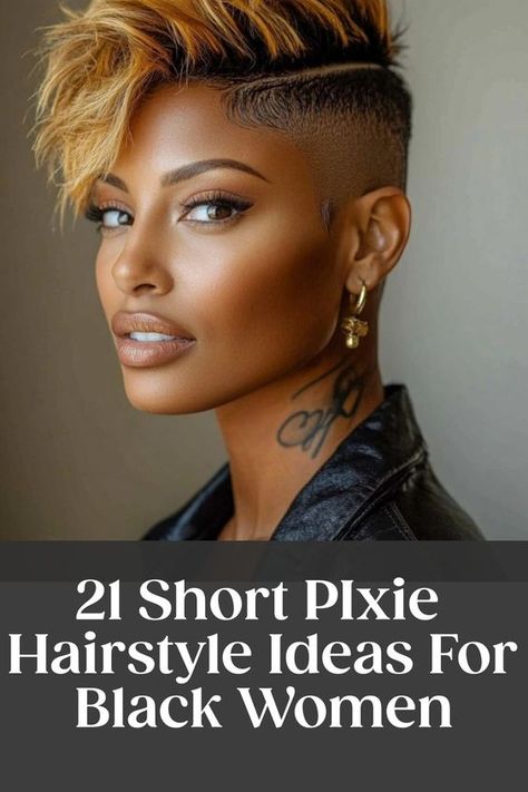 Discover chic and versatile pixie hairstyles for black women that are perfect for short hair. Embrace the bold and fashionable look of pixie cuts designed specifically for black women. Find inspiration with these trendy pixie black hairstyles, and consider a stylish pixie black haircut for your next salon visit. Whether you're looking to make a statement or simply want a low-maintenance hairdo, these pixie hairstyles offer both elegance and modern flair. Cute Short Bobs For Black Women, Braids And Shaved Sides For Black Women, Shoulder Length Haircuts Wavy, Shaved Side Hairstyles Black Women, Pixie Hairstyles Black Women, Short Hair Styles Pixie Black Women, Black Girls Short Hairstyles, Short Mohawk Hairstyles For Women, Dutch Vs French Braid