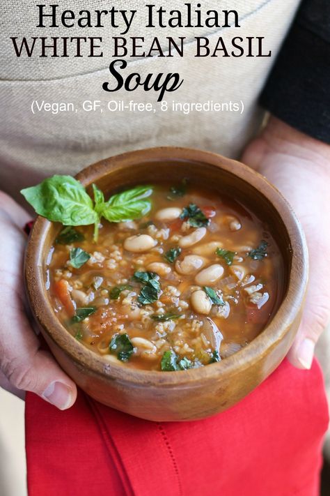 Vegan Oil-free Hearty Italian White Bean Basil Soup is full of Italian herbs and fresh basil and is super hearty thanks to protein-rich white beans and hearty rice. This will have your house smelling absolutely amazing too! Basil Soup, Oil Free Vegan, Bowl Of Soup, White Bean, Bean Soup, White Beans, Delicious Soup, Vegan Eating, Brown Rice