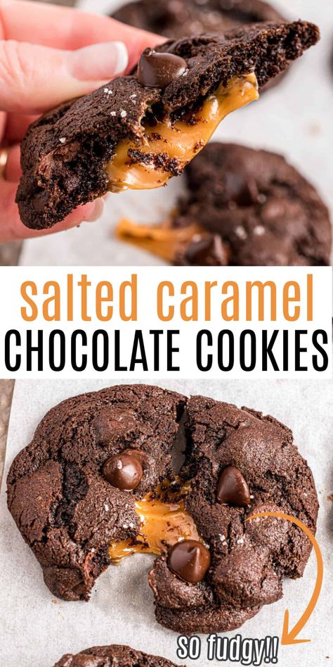 Chocolate Salted Caramel Cookies, Salted Caramel Cookies Recipe, Caramel Cookies Recipes, Dark Chocolate Salted Caramel, Chocolate Caramel Cookies, Salty Cookies, Caramel Treats, Salted Caramel Cookies, Caramel Desserts