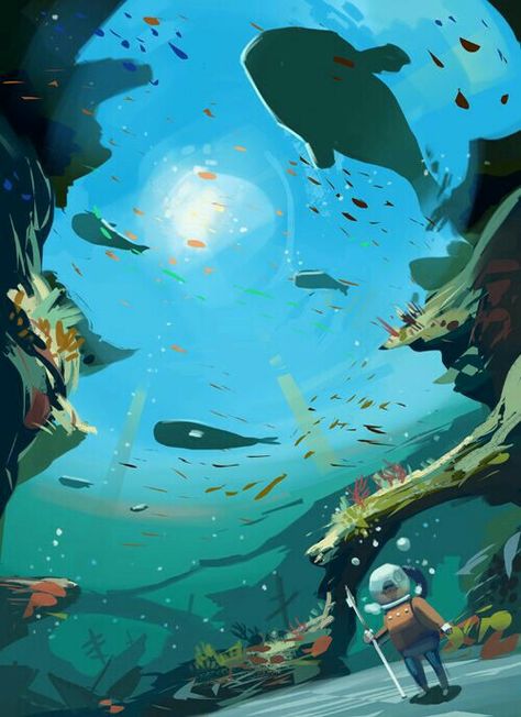 Under Water Digital Art, Underwater Art Illustration, Sea Concept Art, Water Concept Art, Ocean Illustration Art, Under Water Drawing, Sea Illustration Art, Water Environment, Ocean Illustration