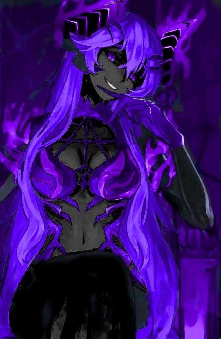 Dark Purple Aesthetic Outfit, Female Demon Oc, Goddess Pfp, Purple Demon, Fall Moon, Female Demon, Girl With Purple Hair, Rwby Oc, Monster Girl Encyclopedia