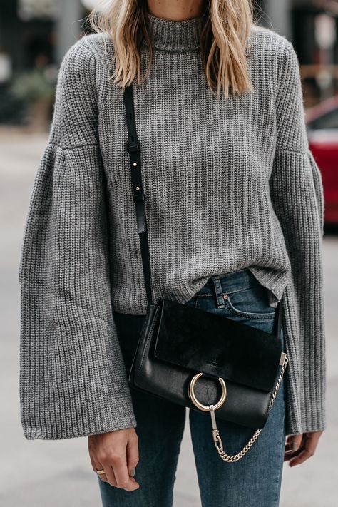 Grey Bell Sleeve Sweater Chloe Faye Black Handbag Fashion Jackson Dallas Blogger Fashion Blogger Street Style Sweater With Bell Sleeves, Bell Sleeve Sweater Outfit, Grey Sweater Outfit, Blogger Street Style, Ideal Wardrobe, Fashion Jackson, Black Handbag, Closet Inspiration, Fairy Fashion