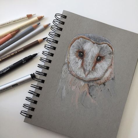 #art #drawing #pen #sketch #illustration #sketchbook #owl #barnowl #bird #wildlife #fabercastell Aspen Drawing, Toned Gray Paper Drawings, Phoebe Atkey, Owl Colored Pencil Drawing, Snowy Owl Drawing, Great Grey Owl Drawing, Jewellery Drawing, Johanna Basford Enchanted Forest Owl, Beautiful Pencil Drawings