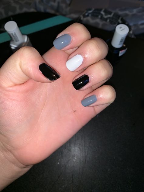 Black, grey and white nails 💅🏼 Grey Black White Nails, Gray Black Nails Color Combos, Black White Grey Nails Color Combos, Grey Black Nail Art, Gray Black White Nails, Black Grey And White Nails, Grey And White Nails, Different Color Nails, Black And White Nail Designs