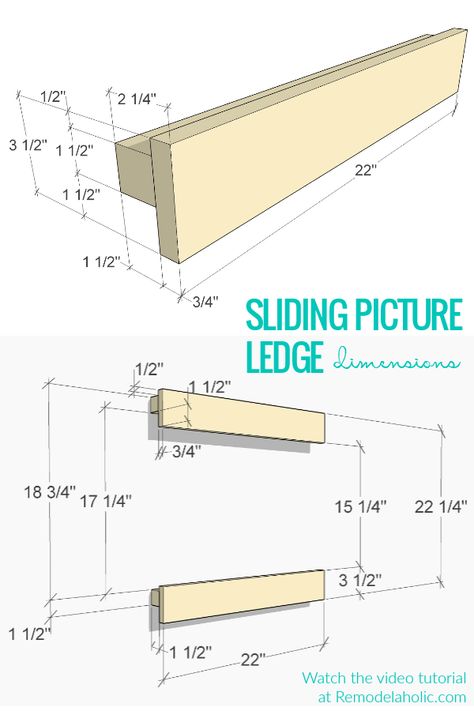 Building Plan And Sliding Picture Ledge Dimensions Video Tutorial #remodelaholic Gallery Ledge, Wood Picture Ledge, Diy Ledge, Picture Ledge Shelves, Diy Booth, Ledge Shelves, Outdoor Garden Bar, Diy Photo Wall, Diy Slides