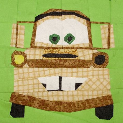 I have had a lot of requests for cars patterns after I did Lightning McQueen a while ago. So after at least a year of working on him (on and off) I finally finished my 2nd Cars pattern I give you M... Free Paper Piecing Patterns, Car Quilt, Disney Poster, Heart Quilts, Disney Quilt, Tow Mater, Paper Pieced Quilt Patterns, Paper Pieced Quilt, Childrens Quilts