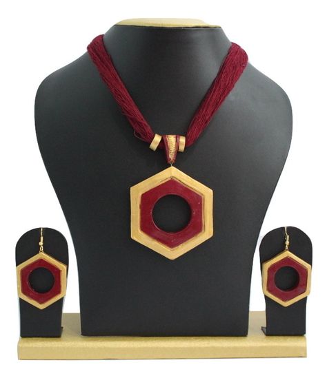 Handmade Terracotta Jewellery, Half Necklace Earring Set, Maroon, Gold – SharePyar Half Necklace, Terracotta Jewellery Making, Terracotta Jewellery Designs, Necklace Set With Earrings, Paper Quilling Jewelry, Great Mother, Mothers Bracelet, Contemporary Necklace, River Bed