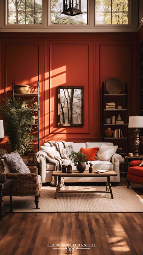 Burnt Orange Sitting Room, Burnt Orange Feature Wall, Orange Panelling, Burnt Orange Walls, Burnt Orange Living Room, Burgundy Living Room, Cosy Lounge, 70s Interior, Cosy Room