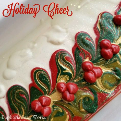 Holiday Cheer Silk Soap By Euphoria Soap Works Holiday Soap Ideas, Christmas Soap Ideas Cold Process, Winter Soap Ideas, Christmas Cold Process Soap Ideas, Christmas Cold Process Soap, Peppermint Cold Process Soap, Soap Design Ideas, Cold Process Soap Designs, Holiday Soap