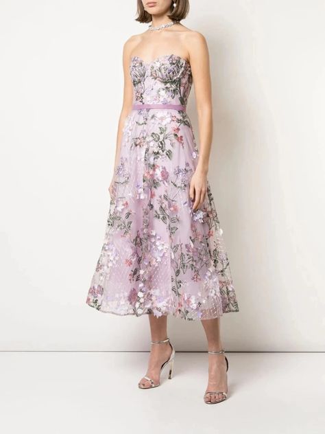 Strapless 3D Floral Embroidered Tea Length – Marchesa Alternative Aesthetic, Gown Skirt, Design Moda, Designer Cocktail Dress, Elegant Feminine, Embroidered Midi Dress, Loving Life, Tulle Gown, Pretty Clothes