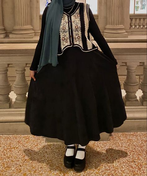 Dark Academia Modest, Black Skirt Hijabi Outfits, Goth Hijabi Outfits, Black Skirt Hijab, Outfit With Black Skirt, Goth Hijabi Aesthetic, Modest Black Long Sleeve Khimar, Mary Janes Outfit, Outfit Wishlist