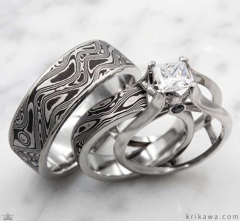 Wedding Band Paired With Engagement Ring, Wedding Rings Pair, Viking Wedding Ring Sets, His And Her Matching Wedding Bands, Unique Wedding Rings His And Hers, Wedding Bands His And Hers Unique, Silver Engagement Ring, Black Wedding Ring Sets, Unique Wedding Band Sets