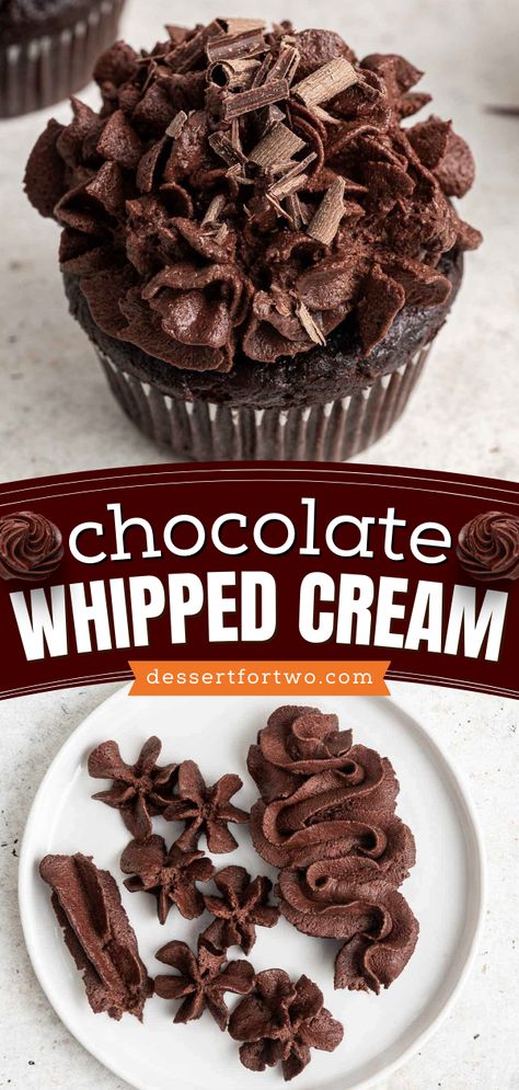 This easy dessert recipe is ready in just 10 minutes! You'll want to enjoy this simple sweet treat again and again. Wonderfully light and fluffy, this Chocolate Whipped Cream is the perfect frosting for cakes, cupcakes, and more! Chocolate Whip Cream Frosting, Whipped Cream Frosting Recipe For Cakes, Desserts With Whipped Cream, Chocolate Cupcakes With Whipped Frosting, Whipped Chocolate Ganache Frosting, Chocolate Wiped Cream Frosting, Whipped Icing Recipes, The Best Chocolate Frosting, Dark Chocolate Whipped Ganache