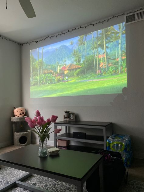 Projector In Room Aesthetic, Small Room Projector, Projector Instead Of Tv, Projector In Living Room Aesthetic, Projector Setup Ideas Living Room, Tv Projector, Film Projector Aesthetic, Projector Setup Ideas, Wall Projector