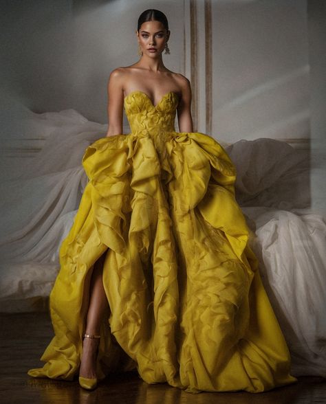 Yellow Ball Gown Dress, Yellow Tulle Gown, Beauty And The Beast Wedding Theme, Alt Bride, Wedding Gown Inspiration, Yellow Gown, Romantic Photoshoot, Taffeta Fabric, Gown Inspiration