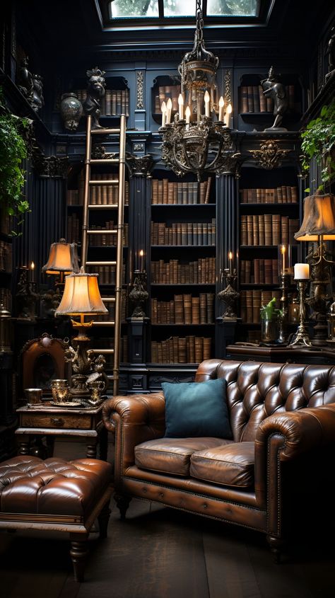 Dark And Cozy Home, Whodunit Aesthetic, Bookshelf Wall Ideas, Home Library Inspiration, Dark Academia Library Aesthetic, Moody Library Room, Dark Library Aesthetic, Hobbit Library, Gentleman Room