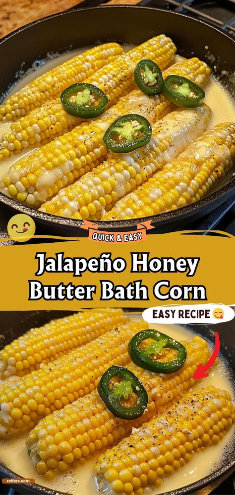 Elevate your corn on the cob with this Jalapeño Honey Butter Bath Corn, where sweet corn soaks in a deliciously spicy and sweet honey butter infused with jalapeño. This dish offers a bold twist on a summer classic, perfect for barbecues or a flavorful side. #JalapenoCorn #HoneyButter #SummerBBQ Honey Jalapeño Corn On The Cob, Jalapeño Corn On The Cob, Corn Jokes, Butter Bath Corn, Jalapeño Honey, Amish White Bread, Dinner Party Dishes, Creamy Jalapeno, Chicken Cake