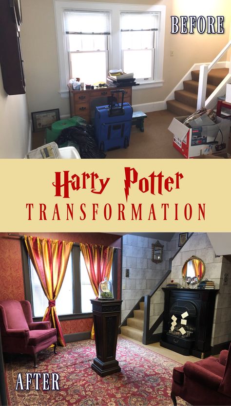 Follow along with the transformation of this unloved storage space into a fun “Magical Common Room” inspired by Harry Potter! Harry Potter Hidden Room, Harry Potter Homeschool Room, Harry Potter Themed Game Room, Harry Potter Inspired Bedroom Wallpaper, Harry Potter Dinning Room, Harry Potter Room Painting Ideas, Harry Potter Laundry Room Ideas, Harry Potter Themed House Decor, Harry Potter Inspired Home Decor