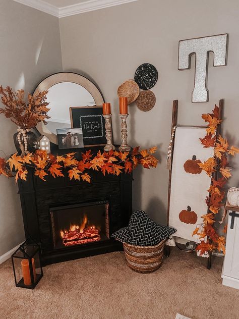 Fall Mirror Decor, Cozy Fall Interiors, Western Fall Room Decor, Fall Dresser Decor, Minimalist Fall Mantle Decor, October Room Decor Aesthetic, Fall Electric Fireplace Decor, Fall Decorations Bedroom Aesthetic, Fall Aesthetic For Room