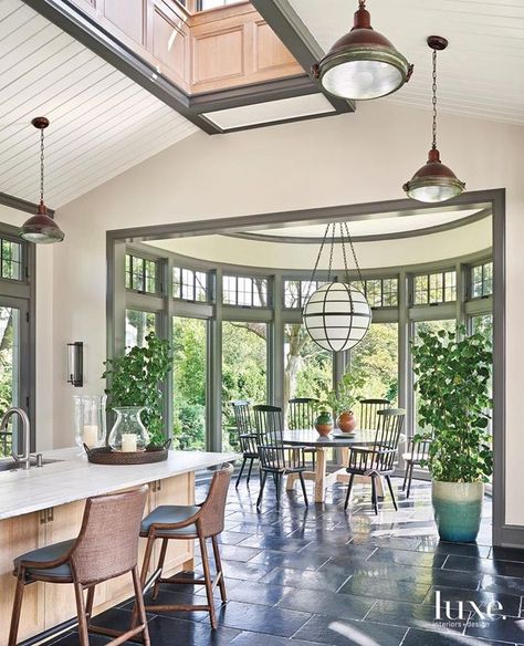 Nature-inspired design. #LuxeAtHome. @sandow | Photo: @mrobinsonphoto; Interiors: @jamesthomasinteriors; Architecture: @morgantewilson;… Circular Window, Lakehouse Kitchen, Best Kitchen Lighting, Clerestory Windows, Lake House Plans, Residential Architect, Luxe Interiors, Nature Inspired Design, Open Kitchen