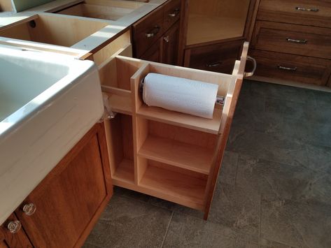 Custom paper towel & towel rack pull out that we designed together! (mine is his first one ever) Precision Woodworks Great Falls, MT Cabinet Storage, Great Falls, Paper Towel Holder, Custom Paper, Towel Holder, Cabinet Pull, Towel Rack, Carpentry, Paper Towel