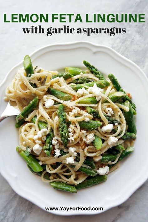 Lemon Linguine, Asparagus Pasta Recipes, Meal Vegetarian, Garlic Asparagus, Pasta Vegetarian, Fried Garlic, Creamy Feta, Linguine Pasta, Vegetarian Pasta Recipes