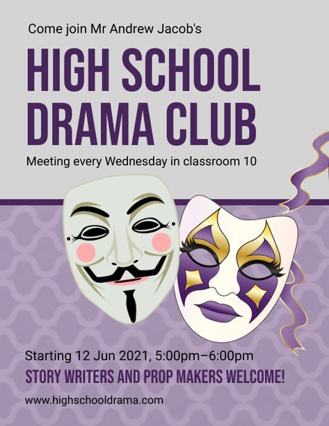 1,050+ extracurricular activities poster Customizable Design Templates | PosterMyWall College Club Poster, School Club Poster Ideas, Drama Club Poster, Town Layouts, College Club, School Drama, English Club, High School Drama, Extracurricular Activities