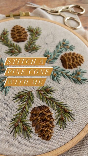 Tamara Carlier | Modern hand embroidery patterns | Etsy shop on Instagram: "🪡 Pine cone tutorial, using just three simple embroidery stitches! 🪡 1️⃣ Fill the scales with buttonhole stitch. Work from left to right, keeping your stitches nice and close together. Angle your stitches to follow the curved shape of the scales. 2️⃣ Add shading to each scale by working straight stitches between the buttonhole stitches. Start with the scale at the bottom of the pine cone and work upwards. 3️⃣ Add the highlight along the top edge of each scale in detached buttonhole stitch. You work these stitches through each of the loops of the buttonhole stitches already stitches in place from step 1 – and not the fabric – so they’re ‘detached’. And that’s it! Just three stitches and three shades of brown is al Pine Cone Embroidery Pattern, Embroidery Modern Patterns, Simple Beaded Embroidery, Fill In Embroidery, Hand Bead Embroidery Patterns, Filling Stitches Embroidery, Embroidery Edge Stitches, Simple Christmas Embroidery, Pine Cone Embroidery