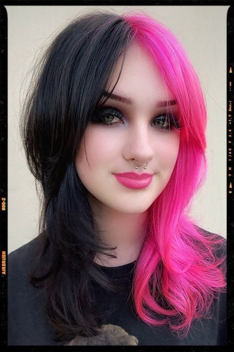 Wolf Cut Hair Wolf Cut Dyed Hair, Wolf Cuts, Half Dyed Hair, Bright Pink Hair, Half And Half Hair, Pink And Black Hair, Magenta Hair, Ultra Beauty, Split Dyed Hair