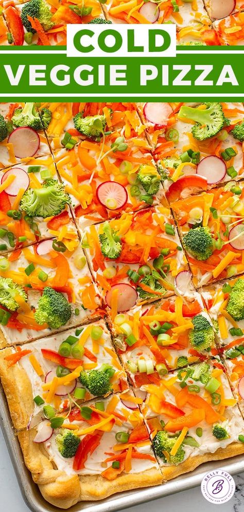 This Cold Veggie Pizza appetizer has a golden crescent roll crust covered with flavored cream cheese and fresh assorted crunchy vegetables. It’s so easy to make and loved by everyone. Great for potlucks, game day, baby showers, and any time! Veggie Pizza Appetizer Crescent Rolls, Cold Pizza Appetizer, Veggie Pizza With Cream Cheese, Cold Vegetable Pizza, Veggie Pizza Appetizer, Crescent Roll Veggie Pizza, Cream Cheese Pizza, Cold Veggie Pizza, Flavored Cream Cheese