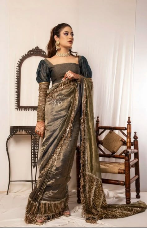 Shahtaj Khan, Tissue Lehenga, Velvet Saree, Saree Wearing Styles, Simple Saree Designs, Dresses Traditional, Traditional Blouse Designs, Fashionable Saree Blouse Designs, Gotta Patti