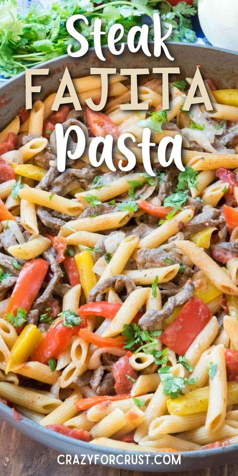 Steak Fajita Pasta is an easy 30 minute meal - the perfect pasta dish for a weeknight dinner with spicy flavors of fajita in every bite. Easy Stake Dinner Recipes, Steak Fajita Dinner Ideas, Recipes With Fajita Steak, Steak Fajitas Casserole, Recipes With Fajita Meat, Fajita Meat Recipes Easy Dinners, Beef Fajita Pasta Recipe, Beef Fajita Meat Recipes Easy Dinners, What To Make With Fajita Meat