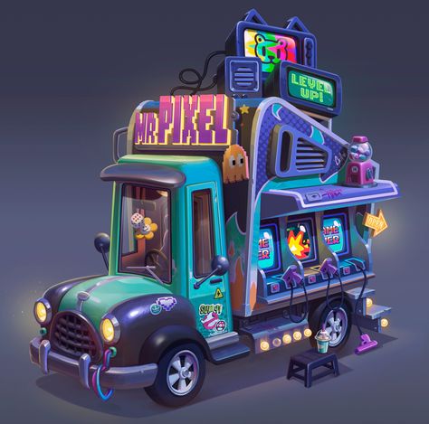 ArtStation - Mr. Pixel Truck, Cintia Aliseda Truck Concept Art, Cyberpunk Drawing, Truck Concept, Animation References, Vehicle Reference, Props Concept, Sci Fi Design, Weird Cars, Animation Reference