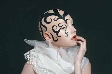 Not My Work Bald Tattoo, Bald Caps, Japanese Fashion Harajuku, Adult Face Painting, Bald Look, Bald Cap, Theatre Makeup, Conceptual Photo, Elves And Fairies