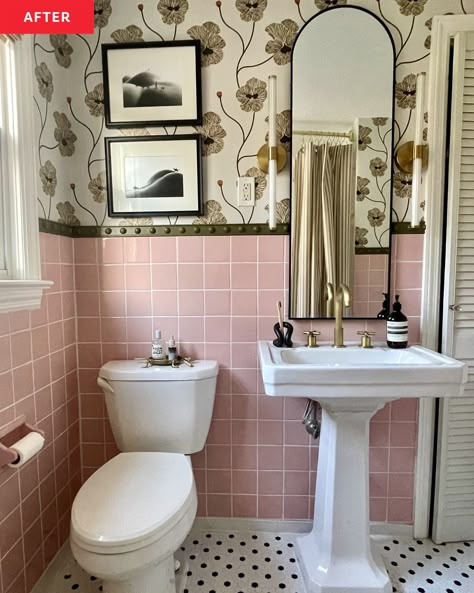 A 1950s Bathroom Makeover Helps Pink Tile Look Timeless | Apartment Therapy Pink Bathroom Update Ideas, Pink 1950s Bathroom, Pink Tile Bathroom Vintage, Vintage Pink Tile Bathroom Makeover, Pink And Green Tile Bathroom, Old Pink Tile Bathroom Ideas, Pink Tile Bathroom Makeover, Pink Bathroom Wallpaper, Pink Tiles Bathroom