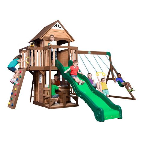 Backyard Discovery Mount Triumph All Cedar Swing Set Small Playhouse, Outdoor Playset, Cedar Roof, Backyard Swings, Wooden Playset, Rock Climbing Wall, Natural Playground, Wooden Swings, Swing Set