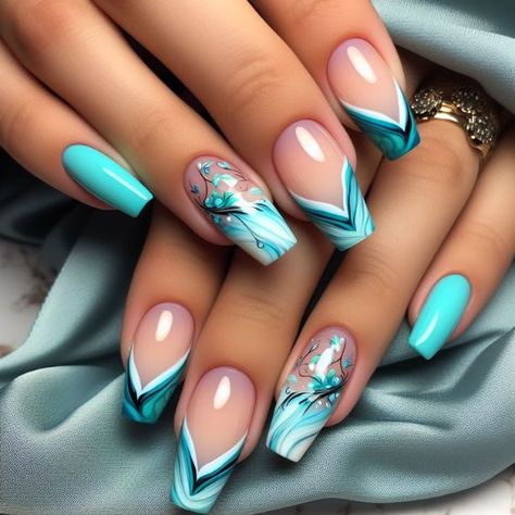 Abstract Aqua Blue French Tips Acrylic Tips Designs, Cyan Nail Designs, Nails Aqua Blue, Nail Designs Turquoise Aqua, Torquise Nails Turquoise Design, Turquoise Nails Designs, Turquoise Nails Designs Aqua, Tiffany Blue Nails Design, Aqua Nail Designs