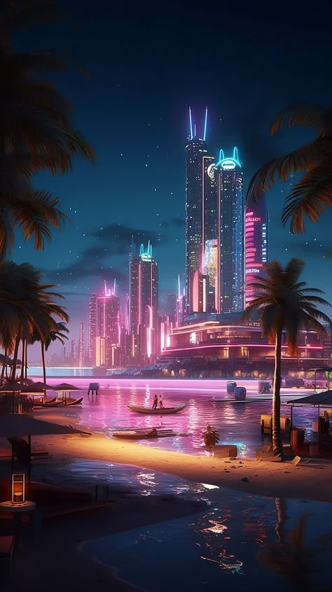 Enjoy a fulfilling waterfront lifestyle at the Cyberpunk beach resort. This is an AI artwork made possible with Midjourney. Cyberpunk Lifestyle, Cyberpunk Beach, Gta City, Futuristic City Utopia, Night Cities, Cyberpunk Cityscape, Cyberpunk Aesthetics, Concept Vehicles Sci Fi, Neon Retro