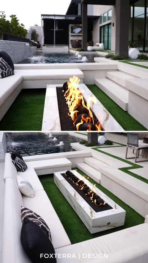 Looking for small backyard landscape design inspiration & outdoor fire pit seating ideas?  This modern sunken seating outdoor lounge area adds the perfect amount of entertaining space to this small backyard design!  Tour this modern luxury backyard here & see inside this incredible design! Outdoor Fire Pit Seating Ideas, Modern Luxury Backyard, Fire Pit Seating Ideas, Fire Pit Modern, Living Room Pantry, Fire Pit Lounge, Fire Pit Landscaping Ideas, Luxury Fire Pit, Sunken Fire Pit