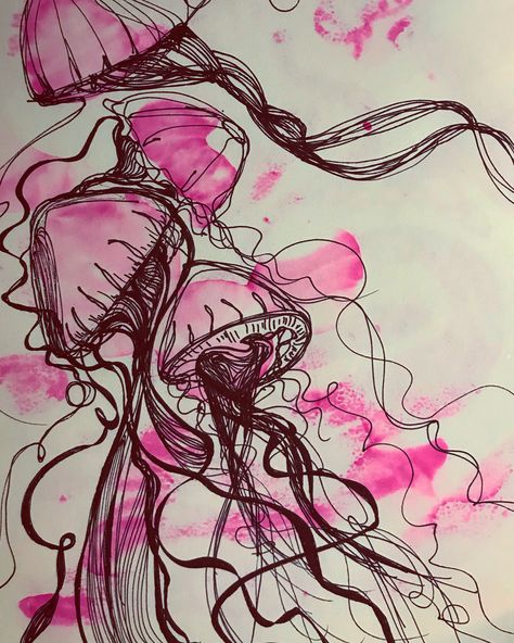 Y2k Watercolor Art, Y2k Watercolor, Scribble Art Creative, Pink Sketchbook, Linework Art, Pretty Jellyfish Drawing, Jellyfish Sketchbook, Trippy Watercolor Art, Aesthetic Jellyfish Painting