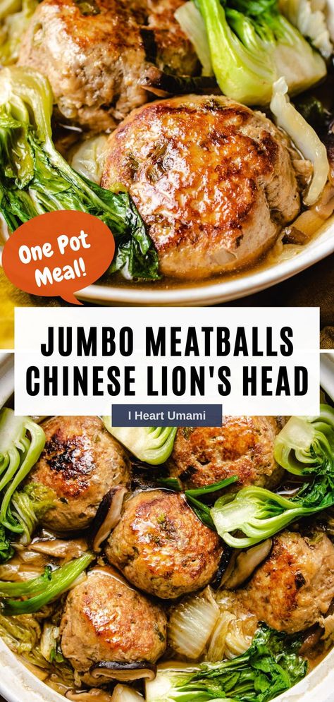 Chinese Lion’s Head Meatballs braised with cabbage. These Asian pork meatballs are soft, juicy, and paleo, gluten-free, and keto! #meatballs #asianmeatballs #stew #cabbage #pork #keto #whole30 #paleo #glutenfree #glutenfreedairyfree Asian Meatballs Soup, Asian Meatball Soup Recipes, Lion Head Meatballs Chinese, Lions Head Meatballs Napa Cabbage, Chinese Pork Meatballs, Lions Head Meatball, Meatballs With Cabbage, Pork Meatball Soup, Chinese Meatballs