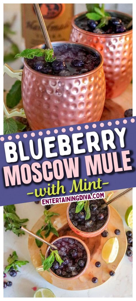 Blueberry Moscow Mule With Mint | Easy Recipes Blueberry Mule, Blueberry Moscow Mule, Blueberry Simple Syrup, Blueberry Cocktail, Blueberry Vodka, Moscow Mule Recipe, Mule Recipe, Jello Shot, Blueberry Lemonade