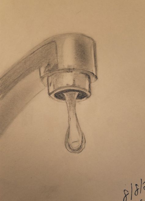 Daily challenge for "tap". I decided to try my hand at a realistic sketch using a stock photo of dripping tap water. I used a ref that you can find in my "Sketching" album. Dripping Effect Drawing, Inktober 2023 Drip, Drink Spilling Drawing, Water Sketch Pencil, Water Spill Drawing, Water Dripping Drawing, Drip Inktober, Water Tap Drawing, Drip Sketch