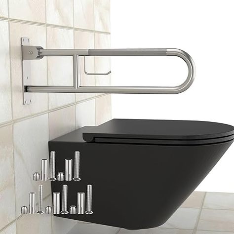 Amazon.com: Toilet Grab Bar 30.3 Inch, Munzong U Shaped Anti-Slip Support Rail, Flip-Up Bathroom Grab Bar with Paper Holder, Stainless Steel Knurled Handicap Safety handrails for Elderly Disabled Pregnant : Health & Household Handicapped Bathroom Ideas, Safety Grab Bars, Shower Grab Bar, Toilet Handle, Stainless Steel Handrail, Grab Bars In Bathroom, Bathtub Walls, Grab Bar, Bathroom Outdoor