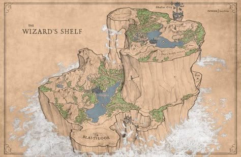 The Wizard's Shelf Map, James Nalepa on ArtStation at https://www.artstation.com/artwork/RnkyZy Map Sketch, Fantasy City Map, Game Map, Fantasy Map Making, Map Ideas, Dnd World Map, Fantasy World Map, Dnd Maps, Dungeon Maps