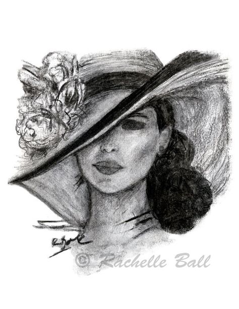 Beautiful Woman in Hat by R. Ball Fashion Illustrations Techniques, Illustration Techniques, Watercolor Fashion, Charcoal Art, Amazing Drawings, Woman Drawing, Charcoal Drawing, Step By Step Drawing, Art Fashion