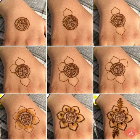 Henna Beginners, Henna For Beginners, Henna Styles, Small Henna Designs, Henna Flower Designs, Henna Flower, Small Henna, Henna Inspired Tattoos, Flower Step By Step